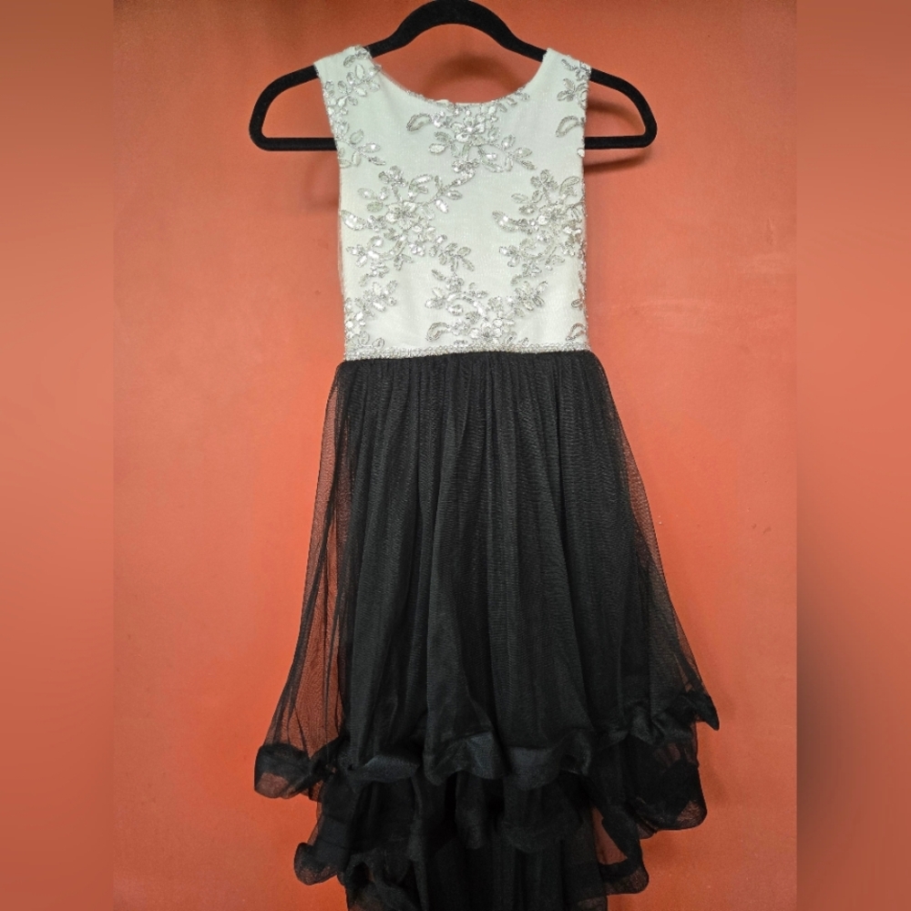Girls Formal Black and White Dress with Floral Embellishments